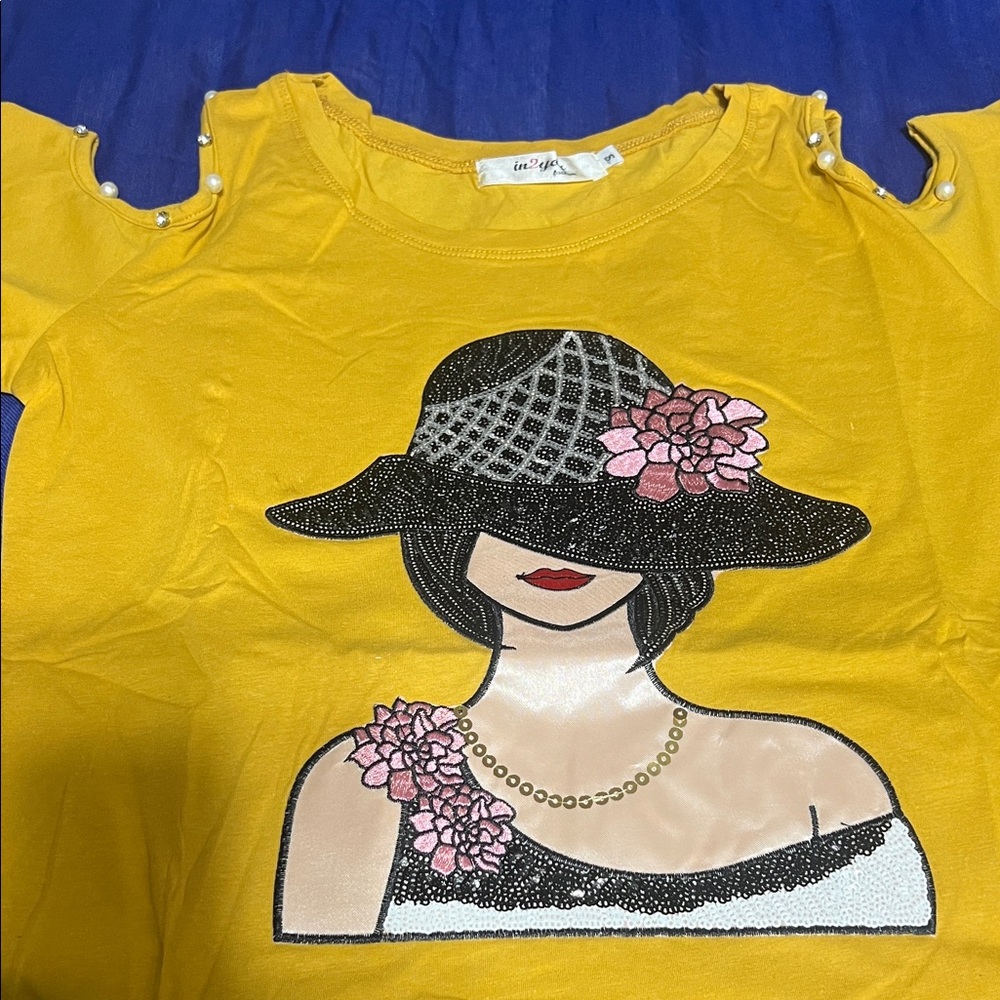 Women's Mustard Yellow Cold-Shoulder Graphic Tee with Pearl Accents